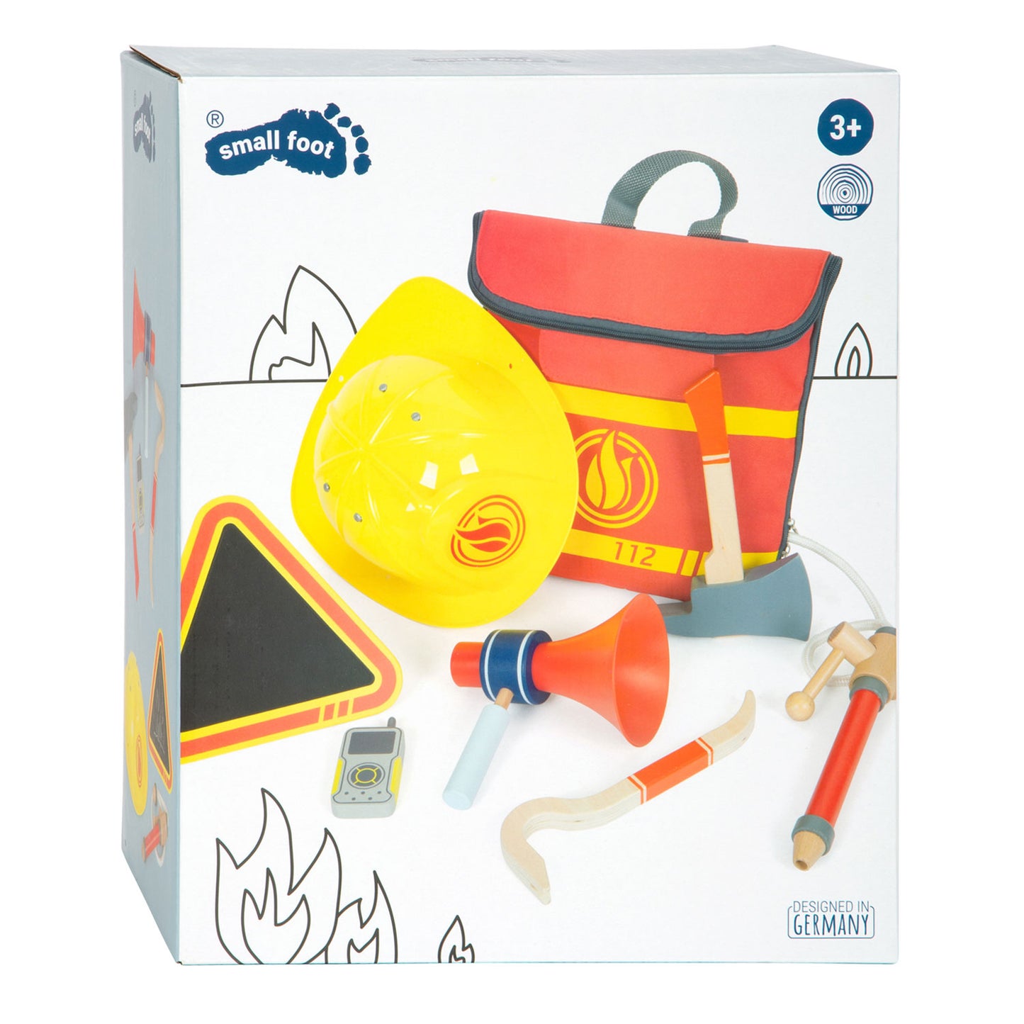 Zaino per vigili del fuoco di piccoli piedi con attributi di brigata di vigili del fuoco in legno, 8dlg.