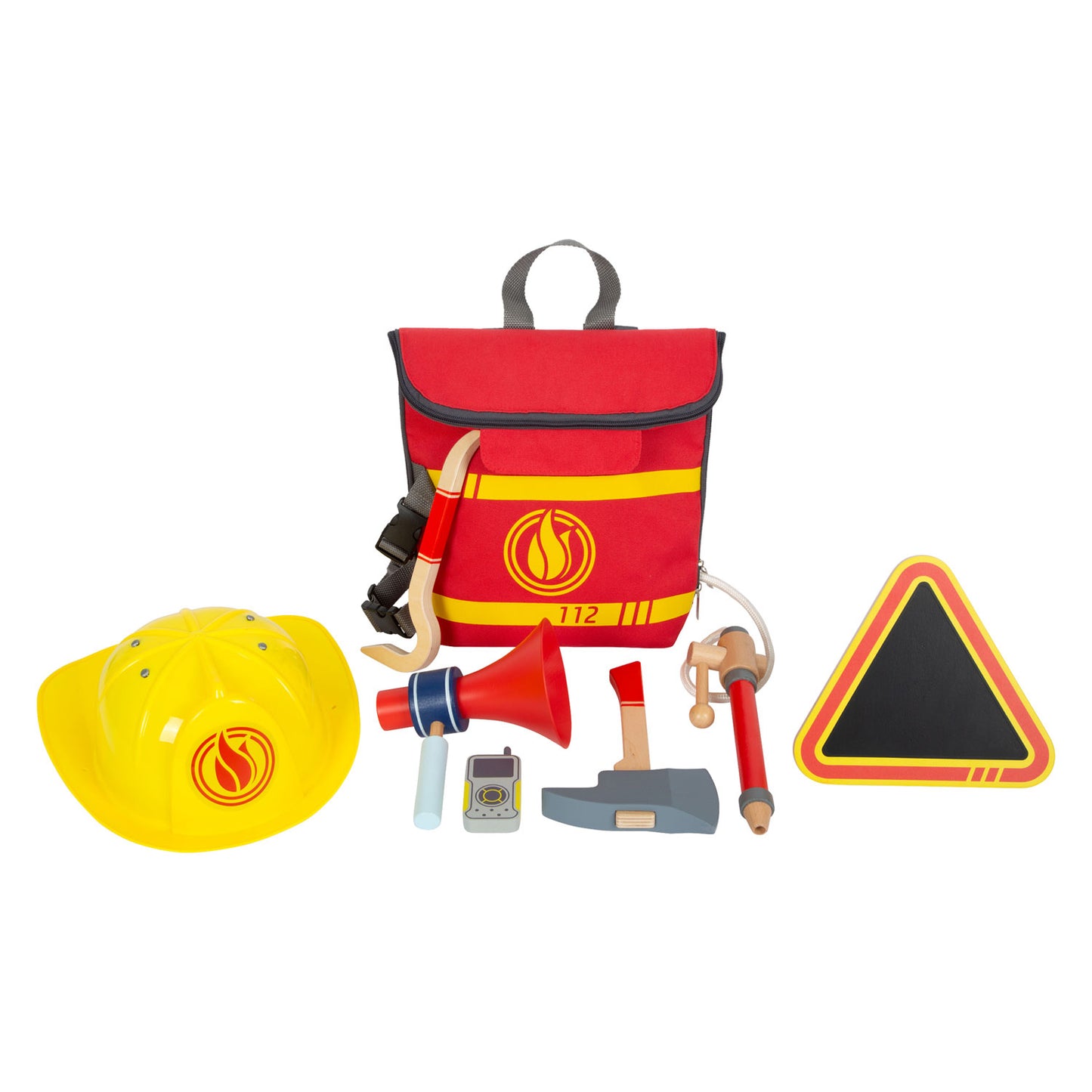 Zaino per vigili del fuoco di piccoli piedi con attributi di brigata di vigili del fuoco in legno, 8dlg.