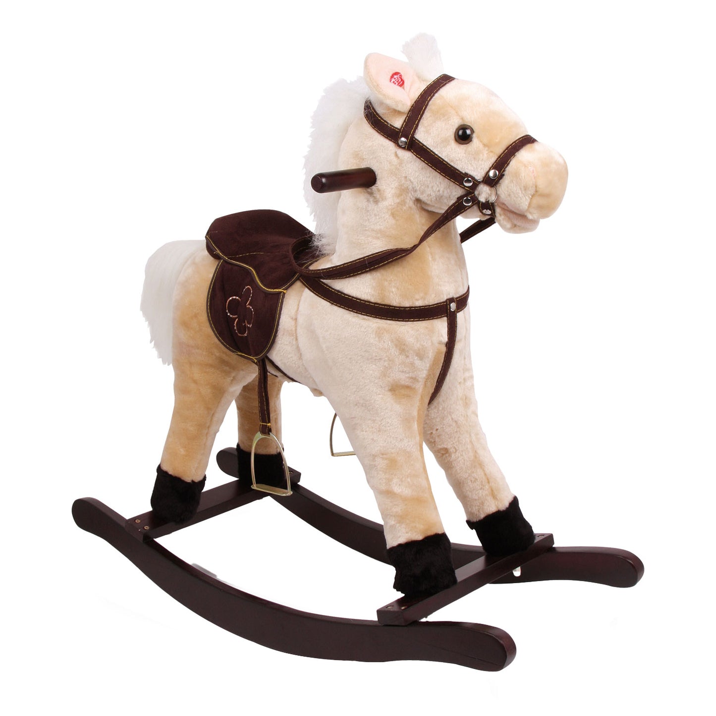 Caballo de balancín de madera de pie pequeño peluche peludo