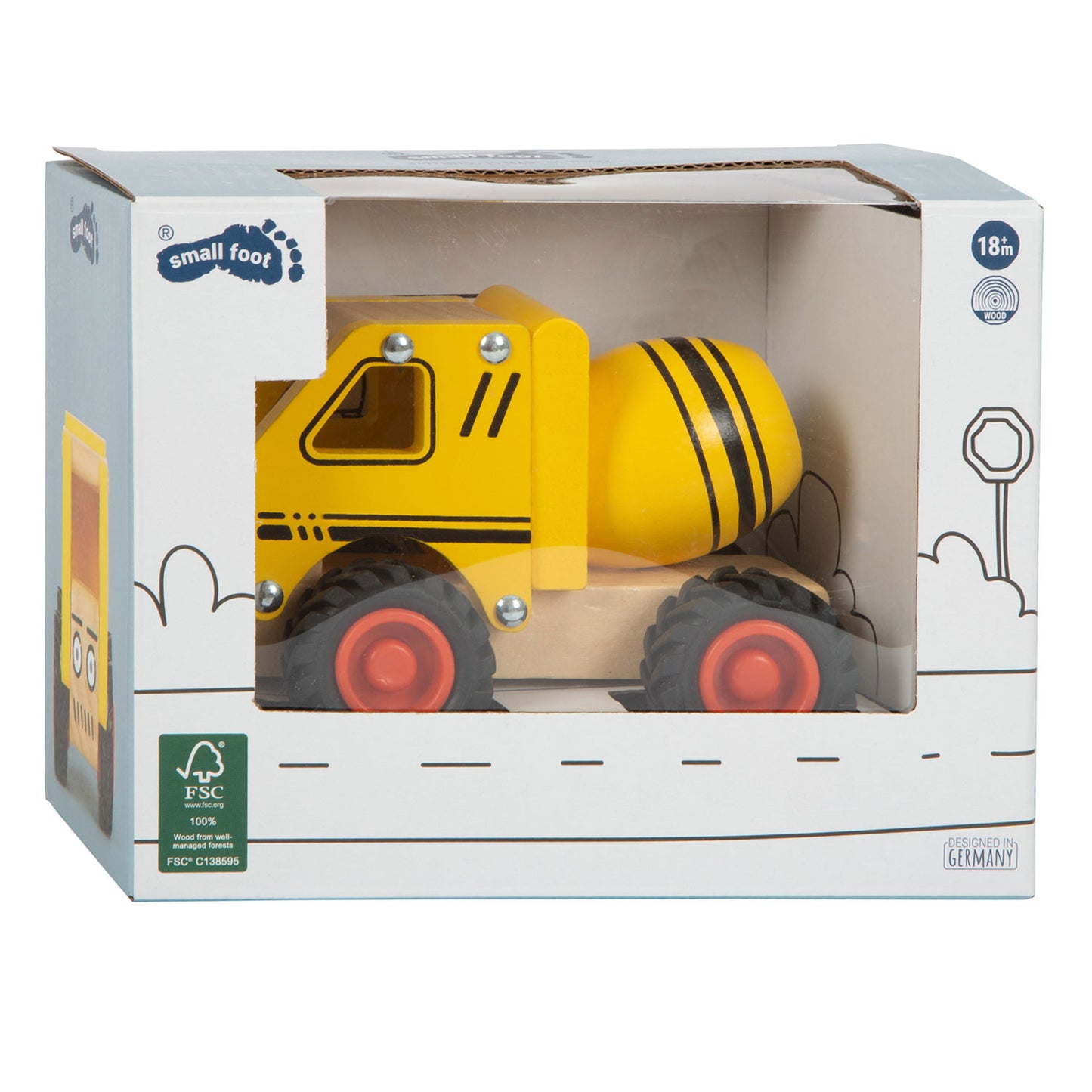 Camión de cemento de madera de pie pequeño amarillo