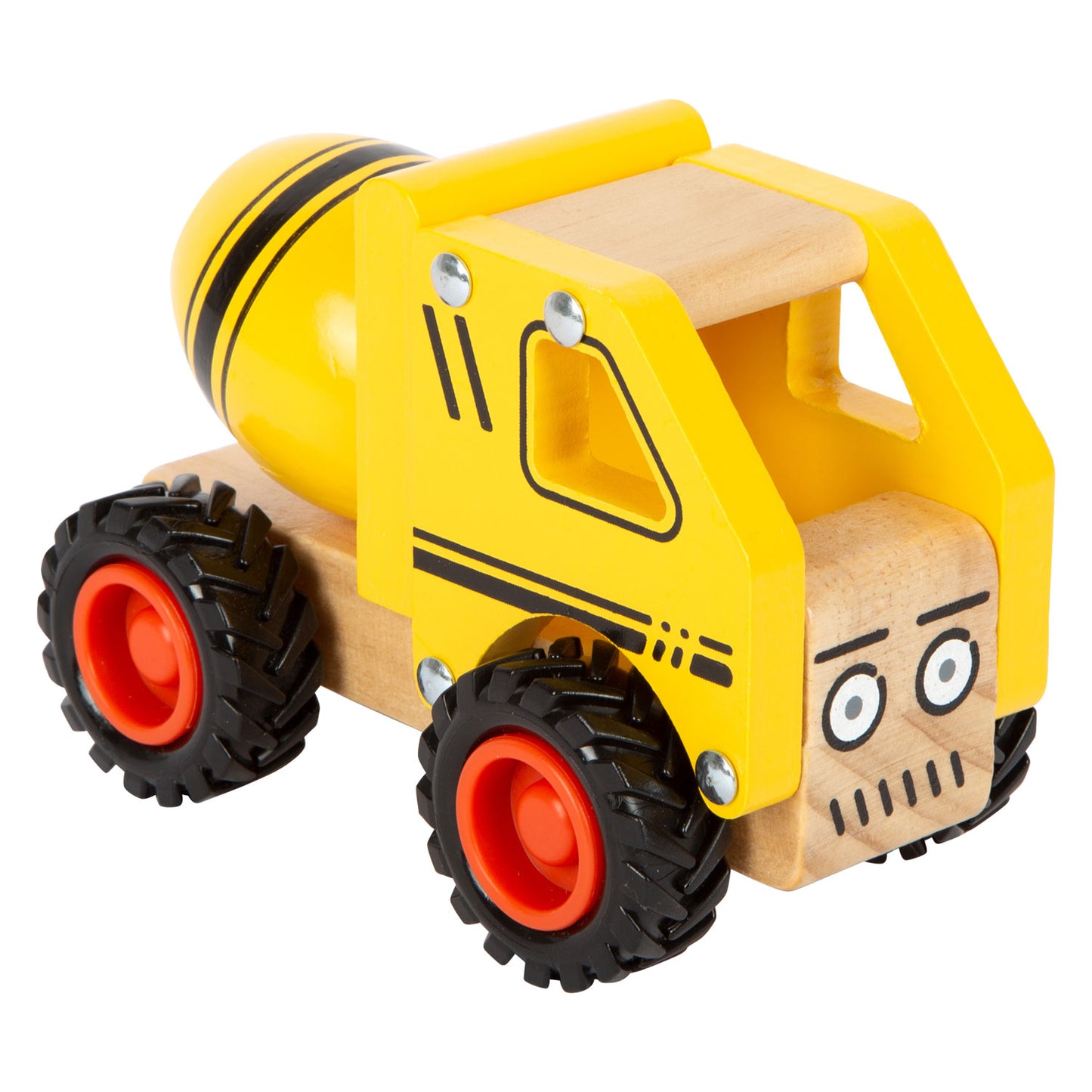 Camión de cemento de madera de pie pequeño amarillo