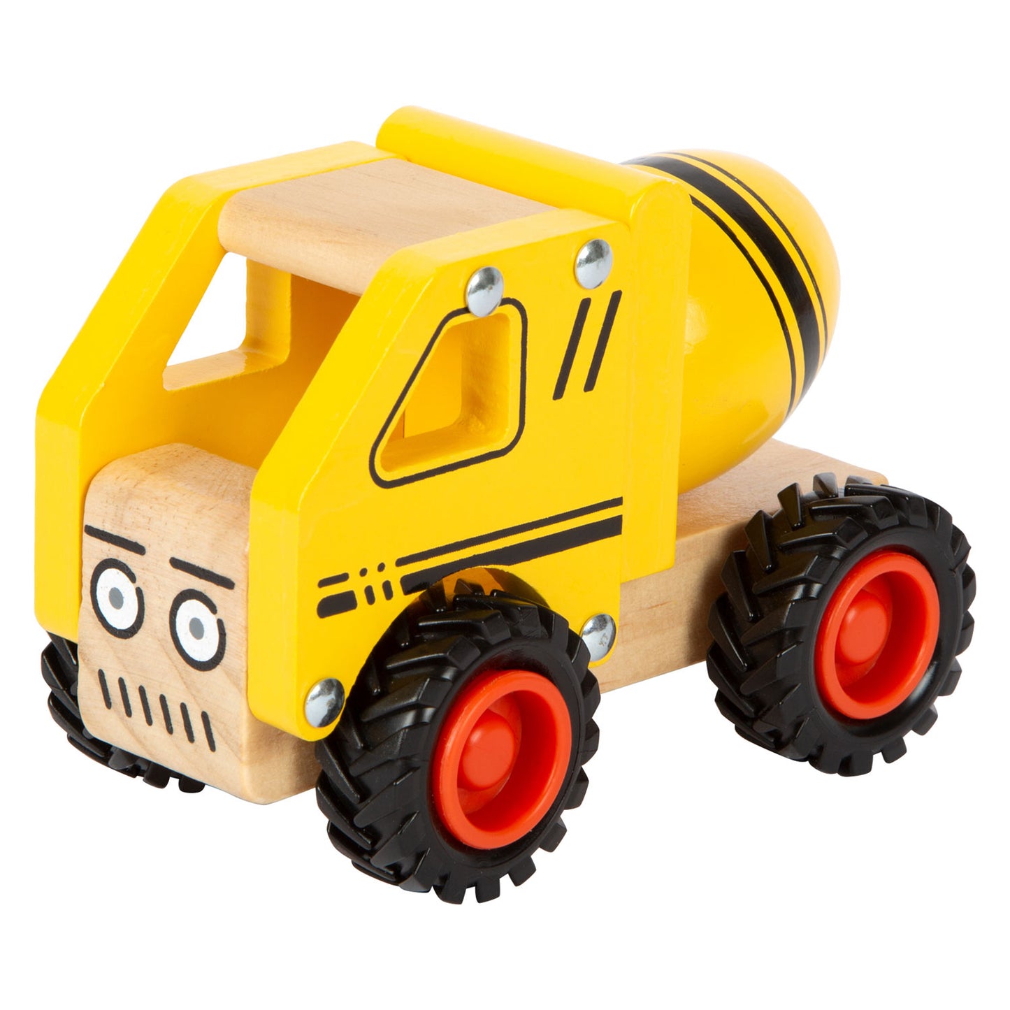 Camión de cemento de madera de pie pequeño amarillo