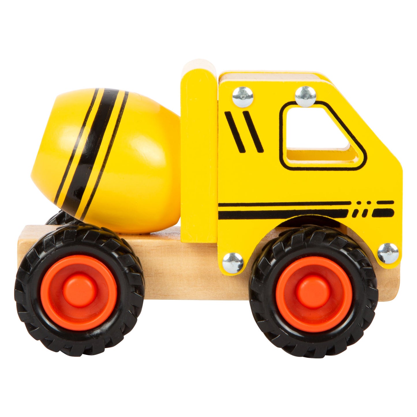 Camión de cemento de madera de pie pequeño amarillo