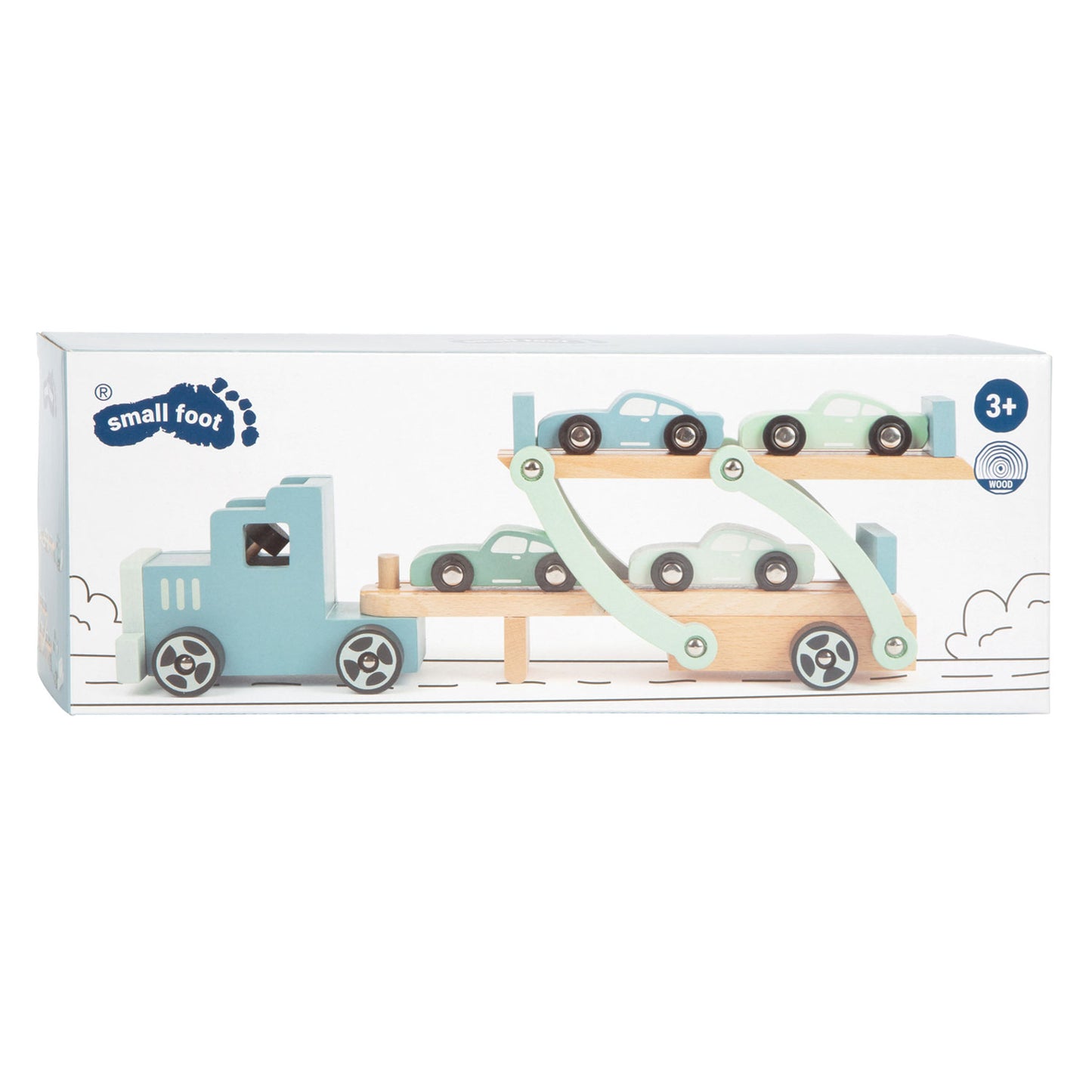 Transportador de camiones de madera de pie pequeño Chicago con automóviles, 9dlg.