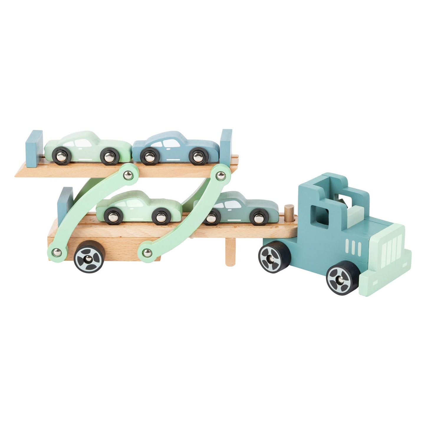 Transportador de camiones de madera de pie pequeño Chicago con automóviles, 9dlg.
