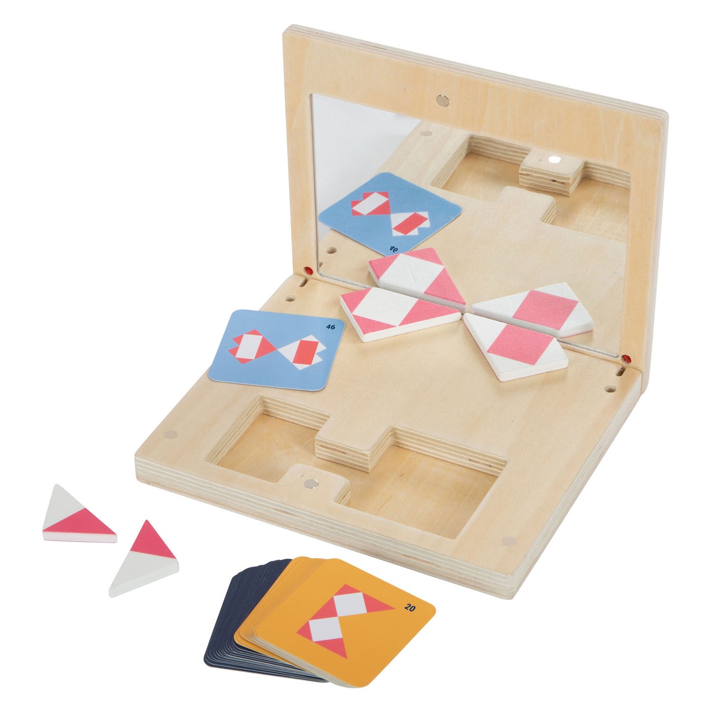 Juego de simetría de madera de pie pequeño con espejo educativo
