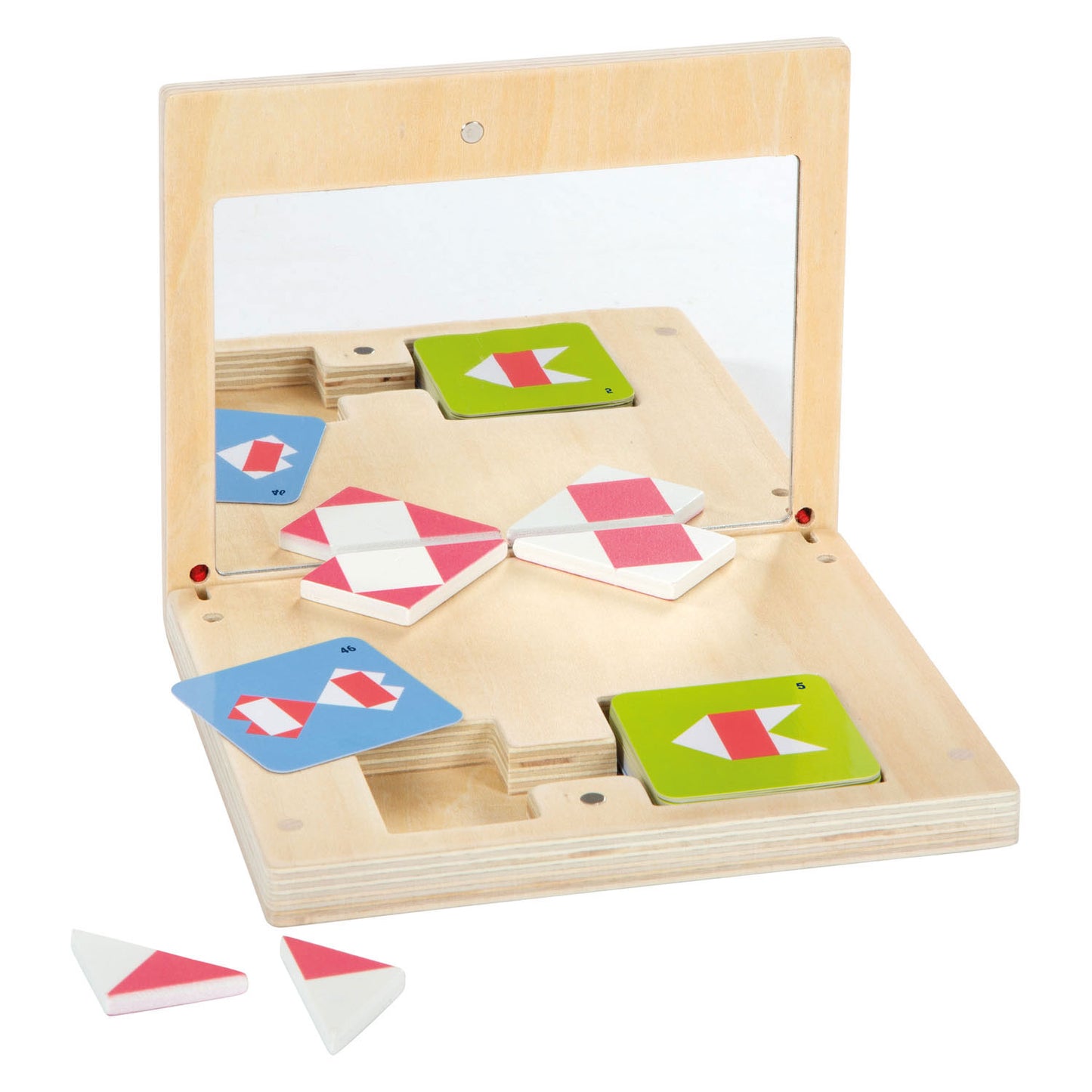 Juego de simetría de madera de pie pequeño con espejo educativo