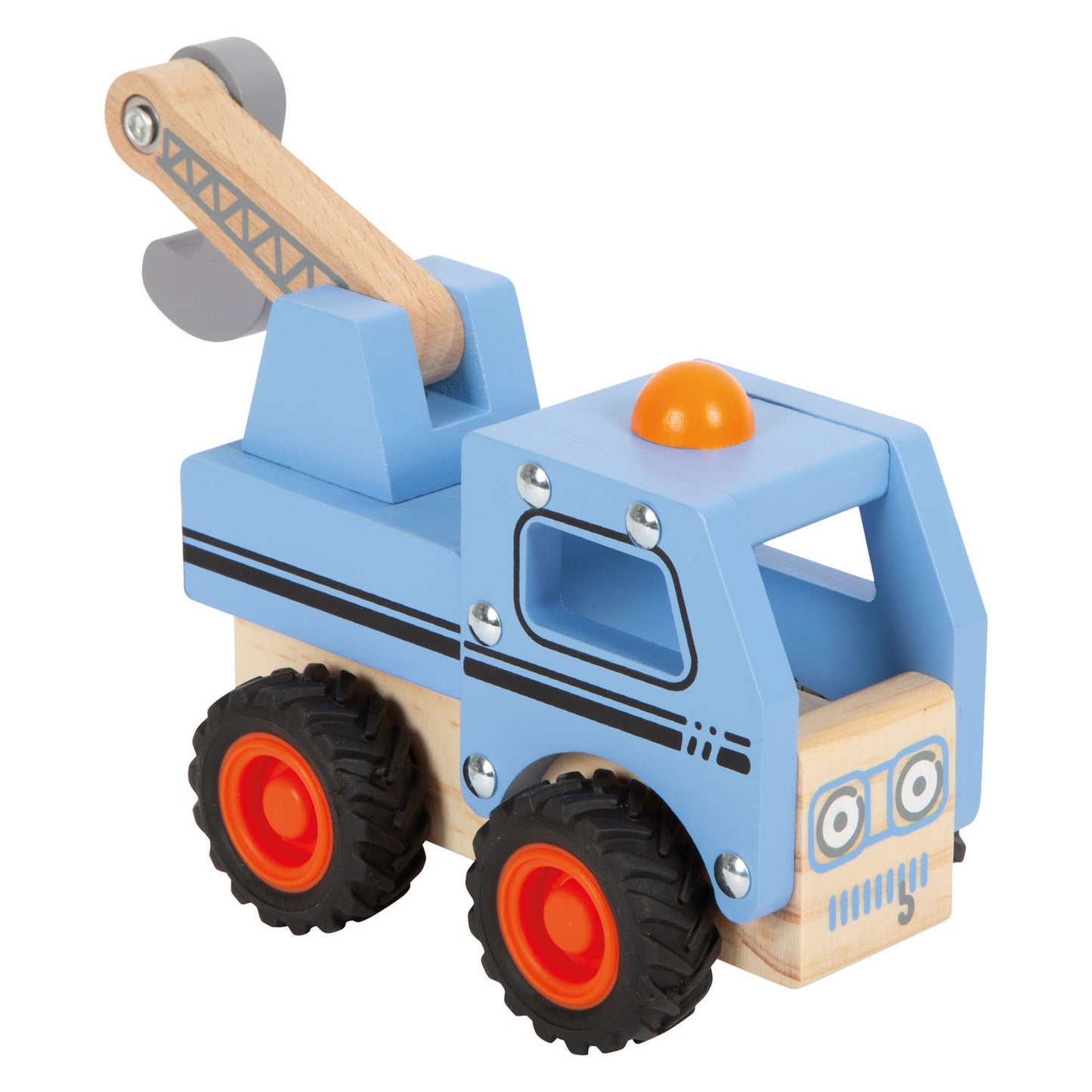Pequeño pie de madera de madera grúa azul