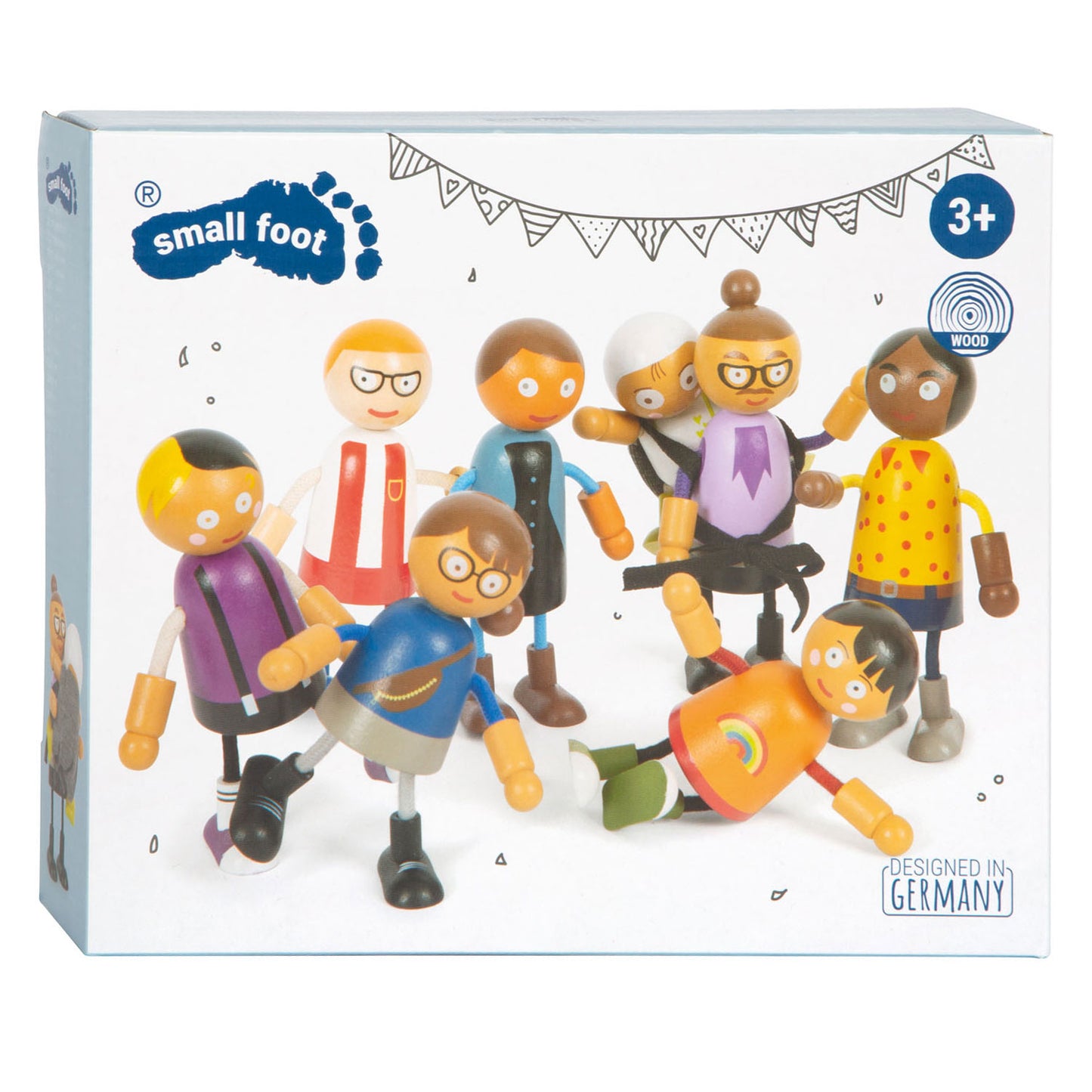 Famiglia di bambole flessibili in legno a piede piccolo con bambino, 8 °.