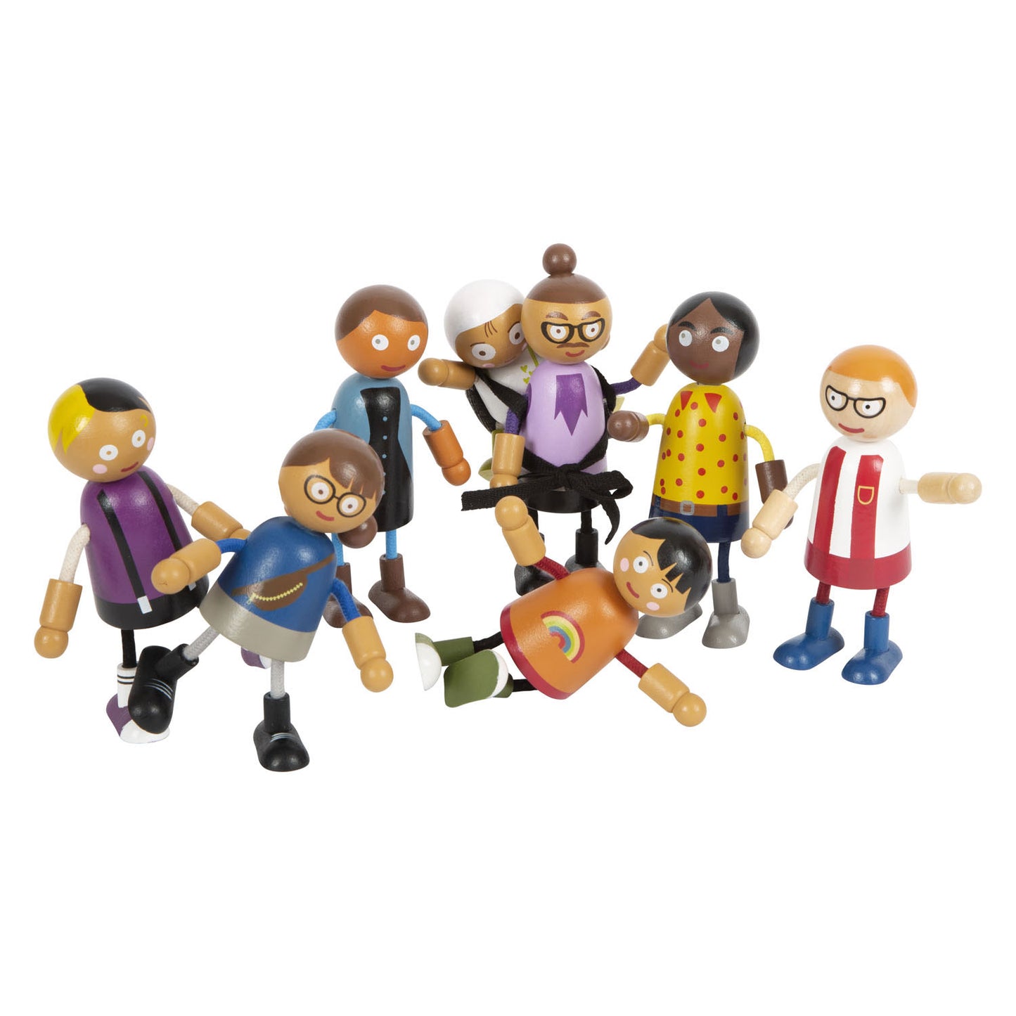 Famiglia di bambole flessibili in legno a piede piccolo con bambino, 8 °.