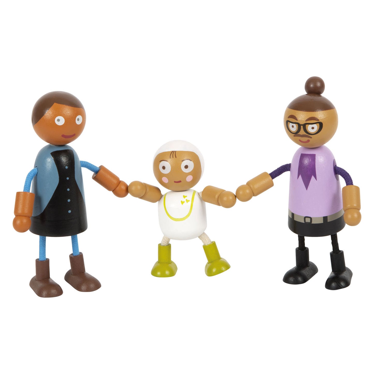 Famiglia di bambole flessibili in legno a piede piccolo con bambino, 8 °.