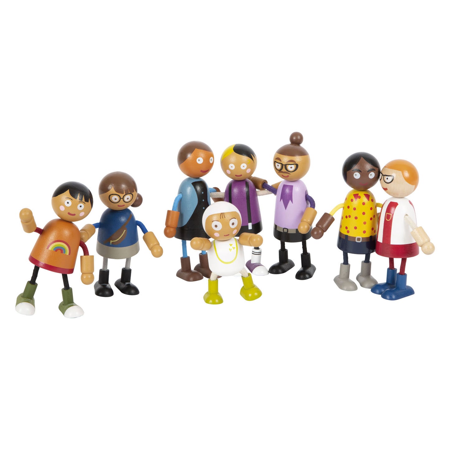 Famiglia di bambole flessibili in legno a piede piccolo con bambino, 8 °.