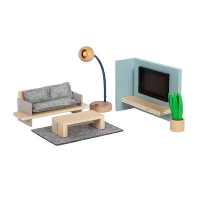 Muebles de casa de muñecas de madera de pie pequeño sala de estar