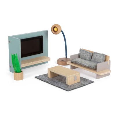 Muebles de casa de muñecas de madera de pie pequeño sala de estar