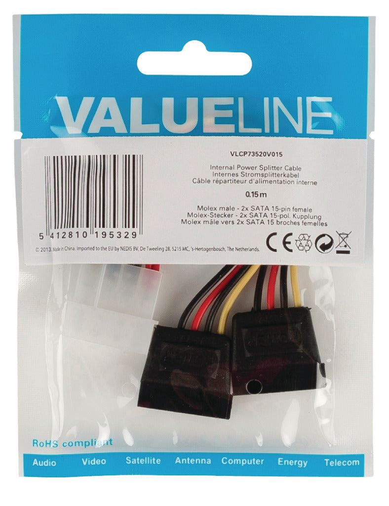Valueline Valueline VLCP73520V015 SIPTURA INTERNA Cable de cable Molex macho 2x SATA 15 pines Hembra 0.15 M Multicolor