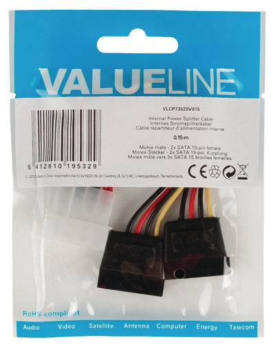 Valueline Valueline VLCP73520V015 SIPTURA INTERNA Cable de cable Molex macho 2x SATA 15 pines Hembra 0.15 M Multicolor