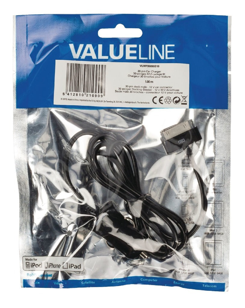 VALULINA VALULINE VLMP39890B10 30 pins Auto-te-co-pins Dock da 30 pin maschio da 12 V Connessione auto 1,00 m Nero 2.1A