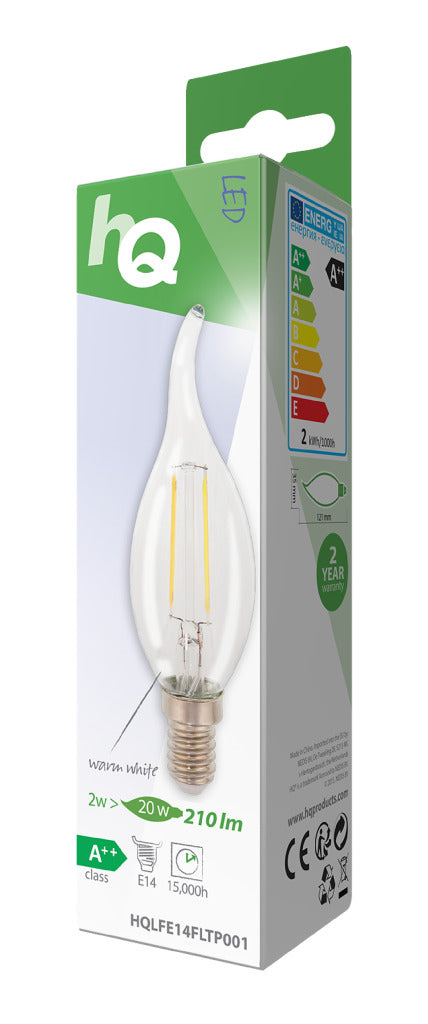 HQ HQ HQLFE14FLTP001 LAMPAMENTO DI FILAMENTO RETRO LED E14 CANDELLO BENTATO 2 W 210 LM 2700 K