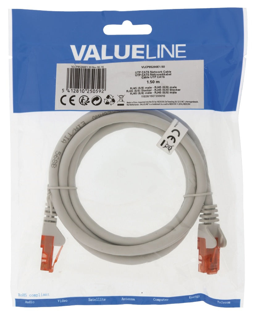 VALULINA VALULINE VLCP85200E1.50 Cavo Network CAT6 UTP RJ45 (8 8) MASCHIO RJ45 (8 8) MASCHIO 1,50 M GRIGIO