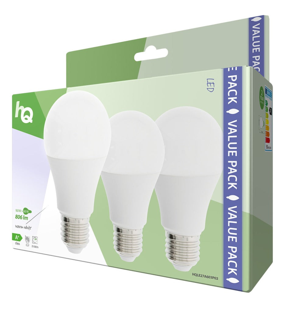 Hq le27a603p02 led lamp 3 stuks e27 a60 9 w 806 lm 2700 k