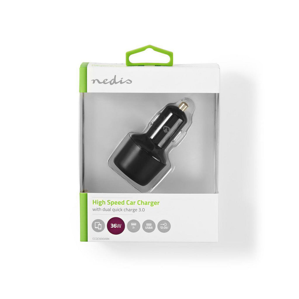 Nedis ccqc600abk autolader 3,0 a 2x usb (qc 3.0) zwart