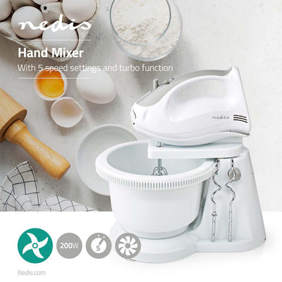 Nedis kahm110cwt Handmixer 200 W 5 velocità Turbo Funzione Rotikom 2 Deek Hooks 2 Bellpers Grey White