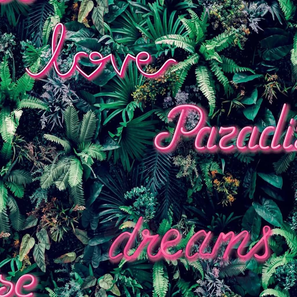 Wallpaper North Wall Noord Wallpaper Good Vibes Neon Lettera con piante verdi e rosa