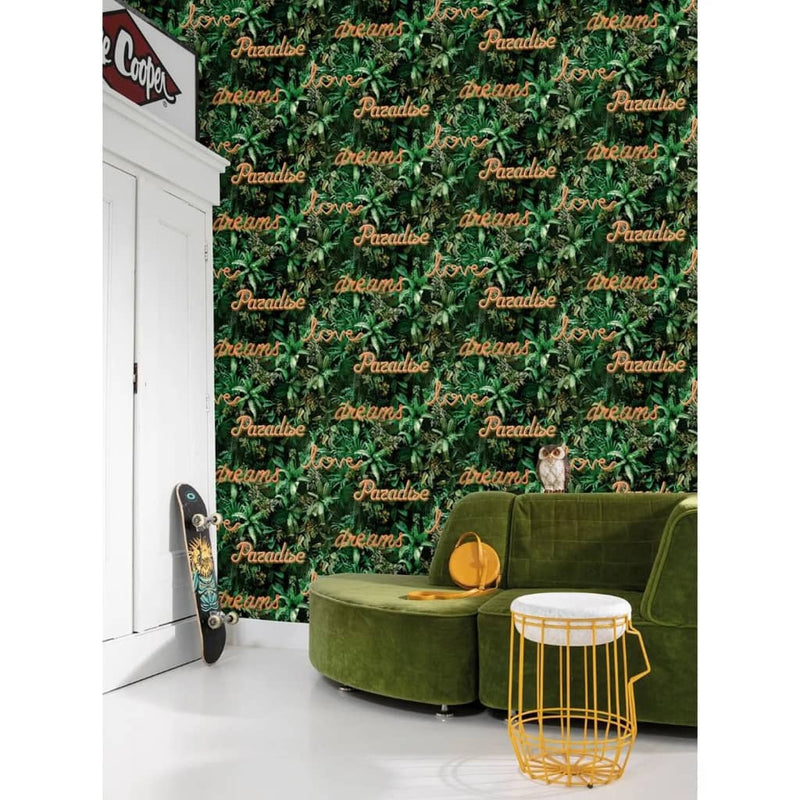 Wallpaper North Wall Noord Wallpaper Buona lettera neon con piante verdi e arancioni