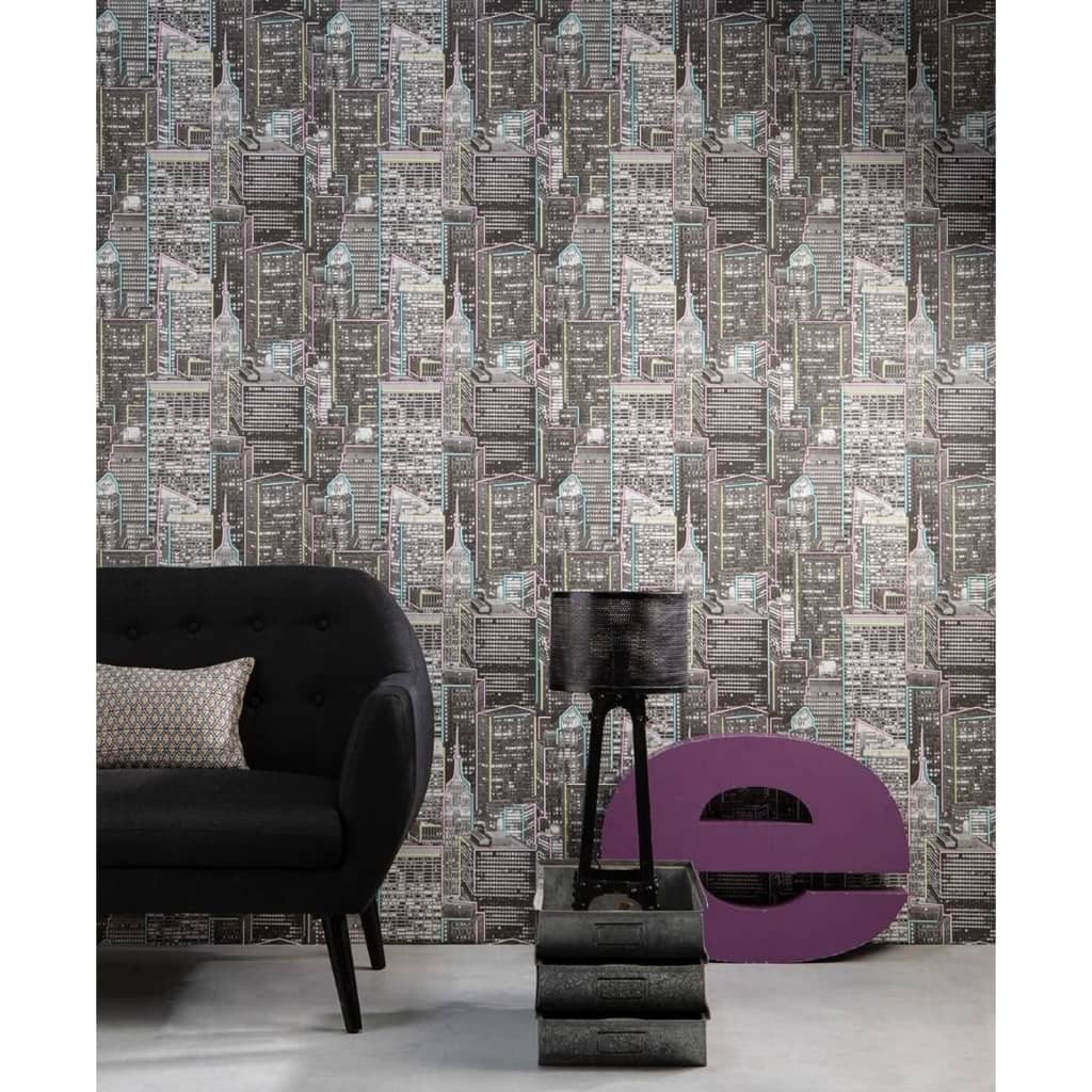 North Wall Noordwand Wallpaper Good Vibes Skyscrapers brilla en gris oscuro