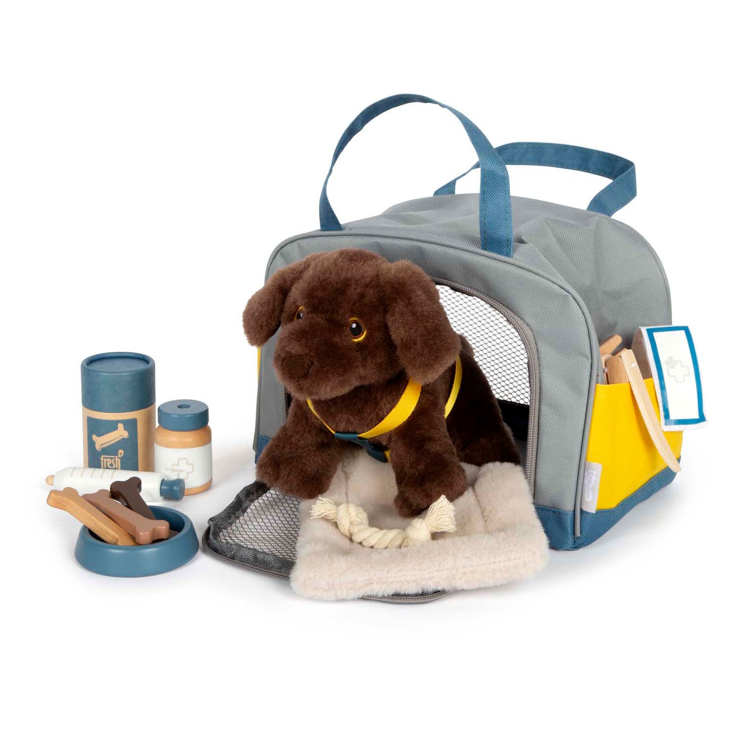Small foot hug dog with carrier bag and care set