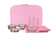 Set di pentole in metallo in custodia rosa. 38x26x8