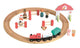 Binario in legno con treno e personaggi.