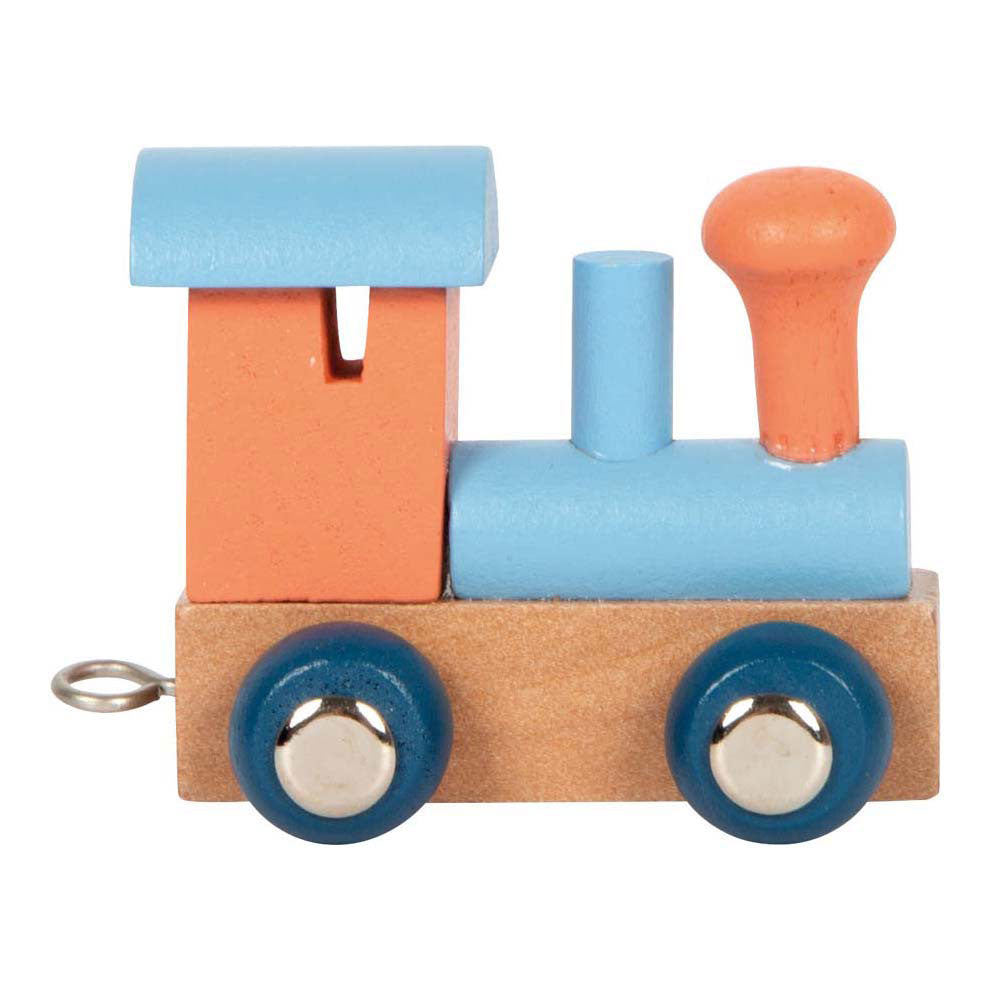 Small foot houten lettertrein locomotief zalmroze blauw