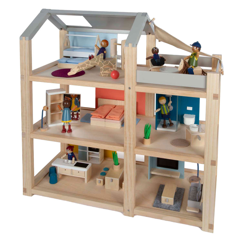 House per bambole in legno con mobili
