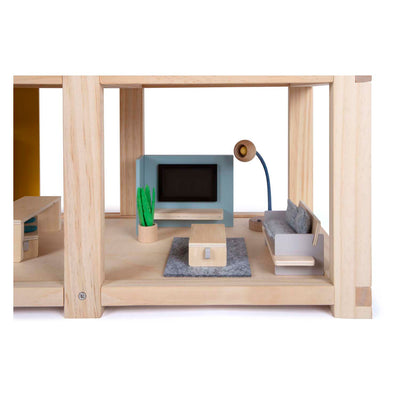 House per bambole in legno con mobili