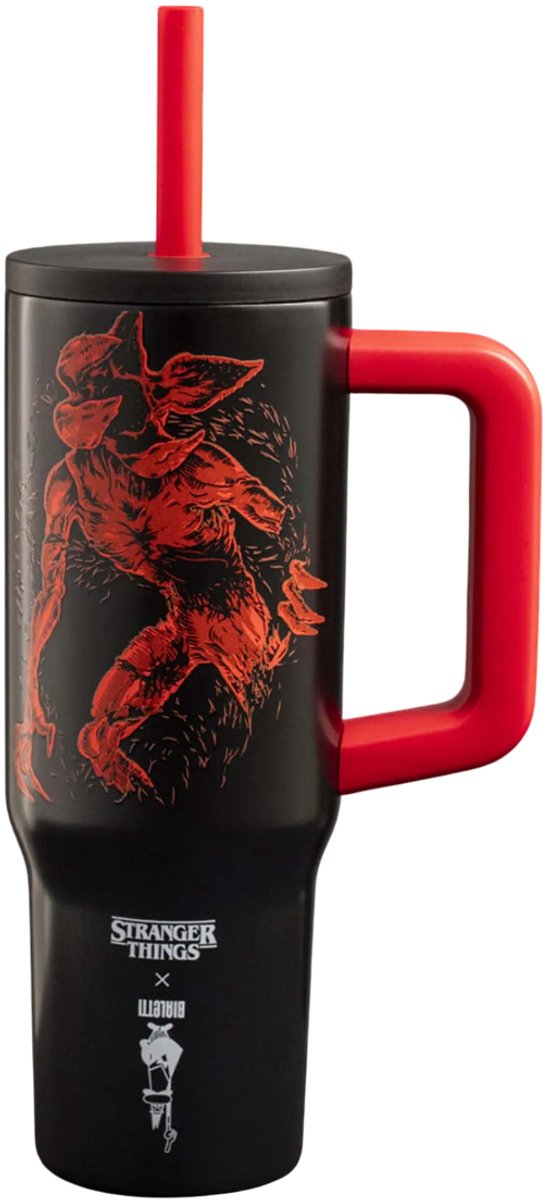 Termo Bialetti Stranger Things de 900 ml – brilla en la oscuridad – con asa y pajita – vaso de acero inoxidable – edición limitada