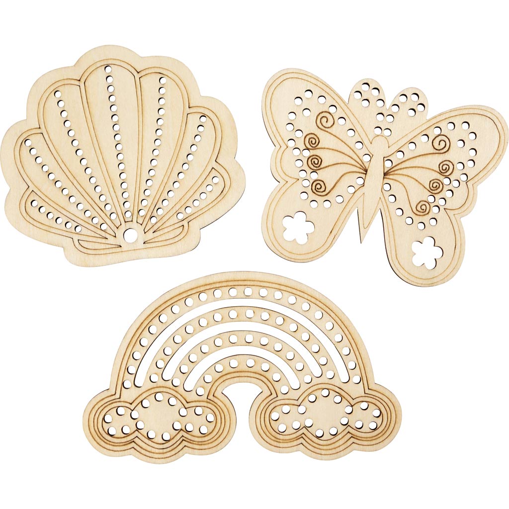 Creativ company forma de madera con agujeros, arcoíris, concha, mariposa, tamaño 7,5-13 cm, 24 piezas 1 caja