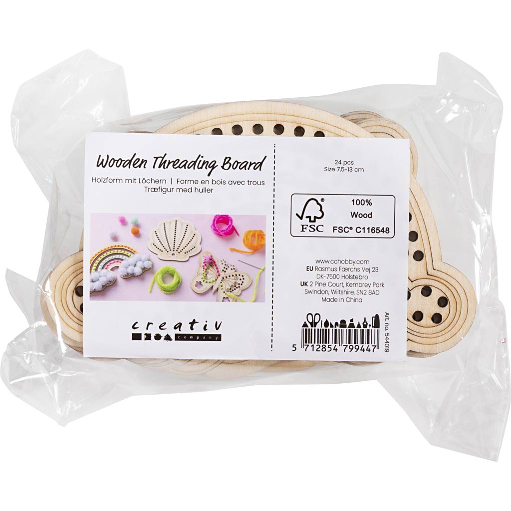 Creativ company forma de madera con agujeros, arcoíris, concha, mariposa, tamaño 7,5-13 cm, 24 piezas 1 caja
