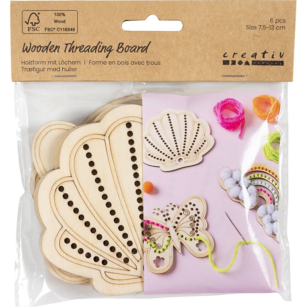 Creativ Company forma in legno con fori, arcobaleno, conchiglia, farfalla, misura 7,5-13 cm, 6 pezzi 1 scatola