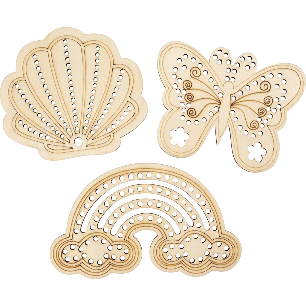 Creativ Company forma in legno con fori, arcobaleno, conchiglia, farfalla, misura 7,5-13 cm, 6 pezzi 1 scatola