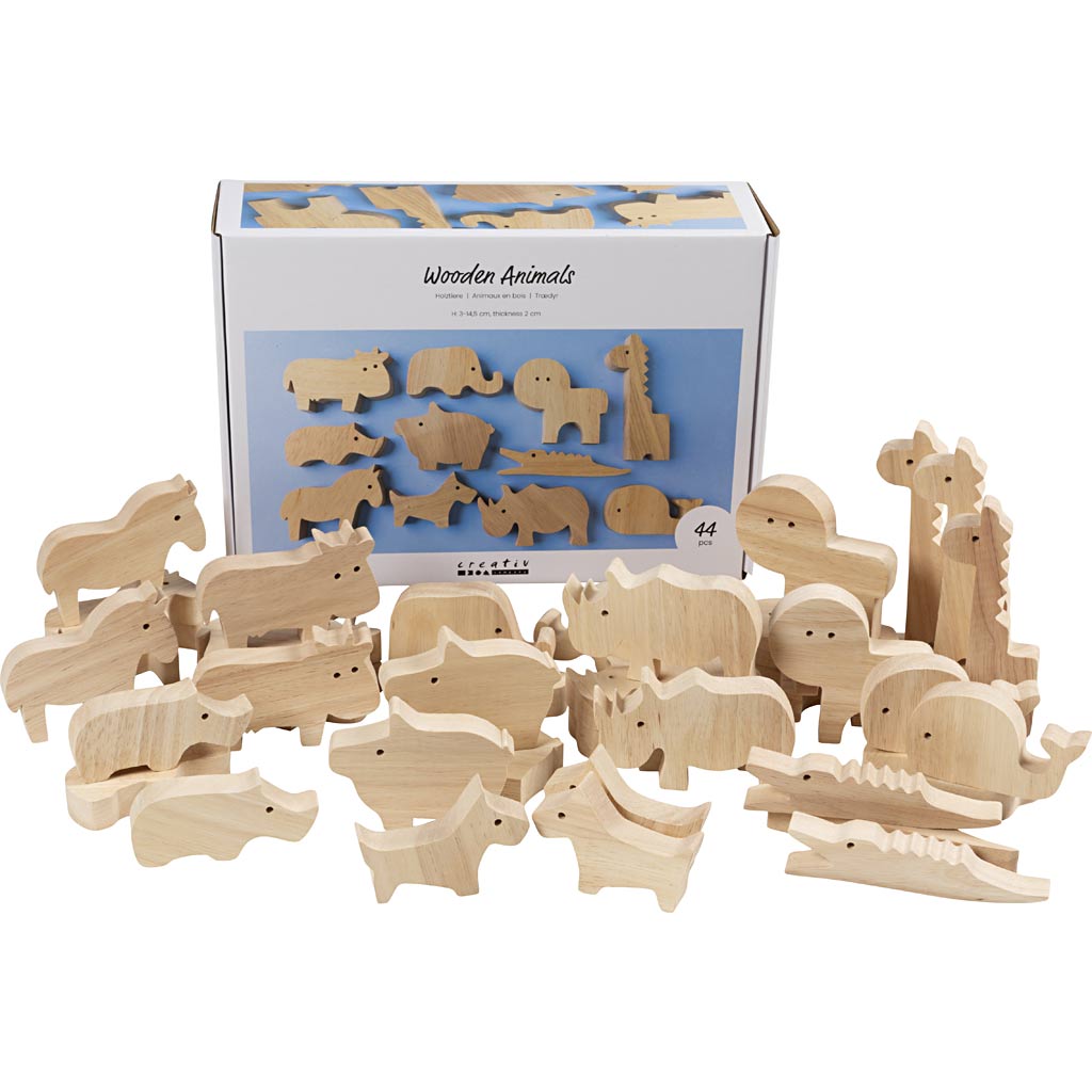 Creativ company animali in legno, fattoria e safari, h: 3-14,5 cm, spessore 2 cm, 44 pezzi 1 scatola