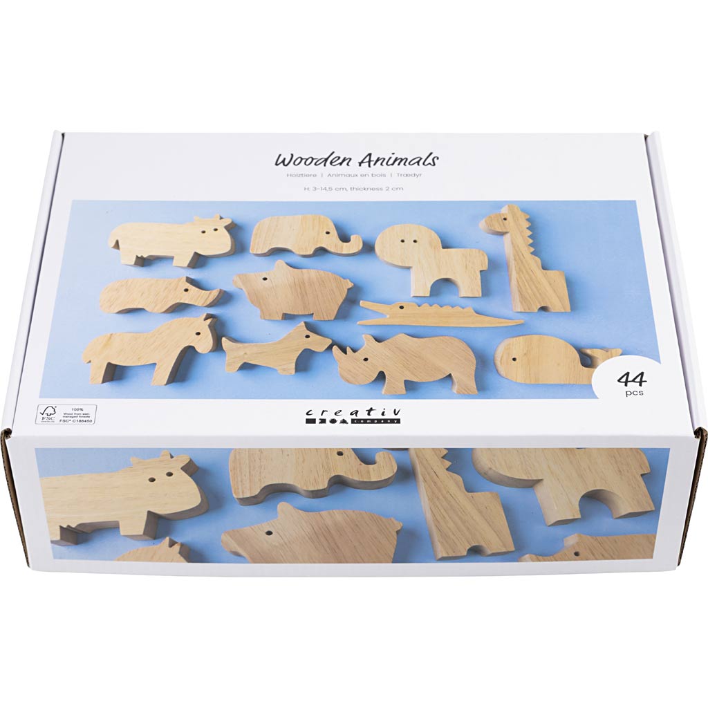 Creativ company animales de madera, granja y safari, h: 3-14,5 cm, grosor 2 cm, 44 piezas 1 caja