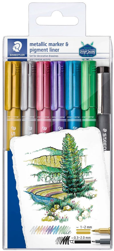 Bolígrafo metálico Staedtler design Journey - set promocional 6 colores + delineador de pigmento gratis