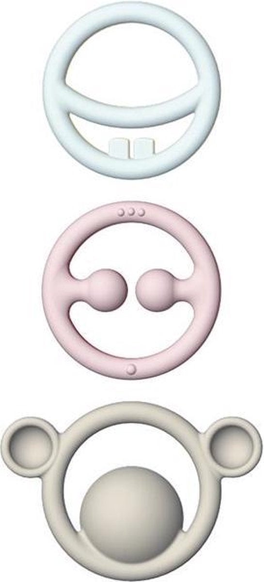 Moluk nigi, nagi nogi set colori pastello, set di 3 anelli da dentizione tattili in diversi colori, in gomma siliconica, in scatola 12,5x2x25,8cm, 0+