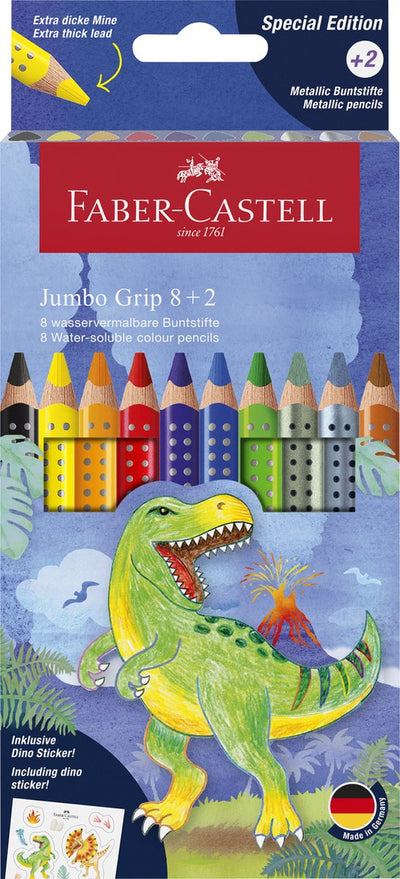 Lápices de colores faber-castell - jumbo grip dino - 8 colourgrip + 2 grip metálico - con pegatinas - fc-110922