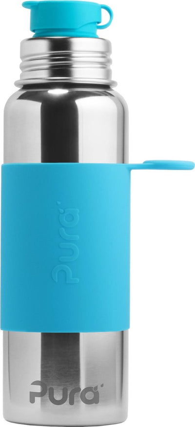 Botella deportiva Pura 850 ml - botella para beber - botella de agua - sin plástico - no se oxida - apta para lavavajillas - incluye funda deportiva y gorra deportiva - tapa intercambiable - versátil - aqua