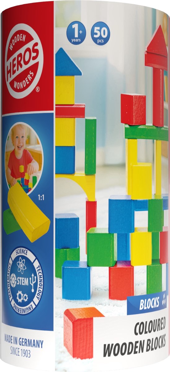 Bloques de madera Heros de colores en tubo - bloques - 50 bloques de construcción - tubo de almacenamiento - madera FSC - fabricado en Alemania - construcción creativa - a partir de 1 año