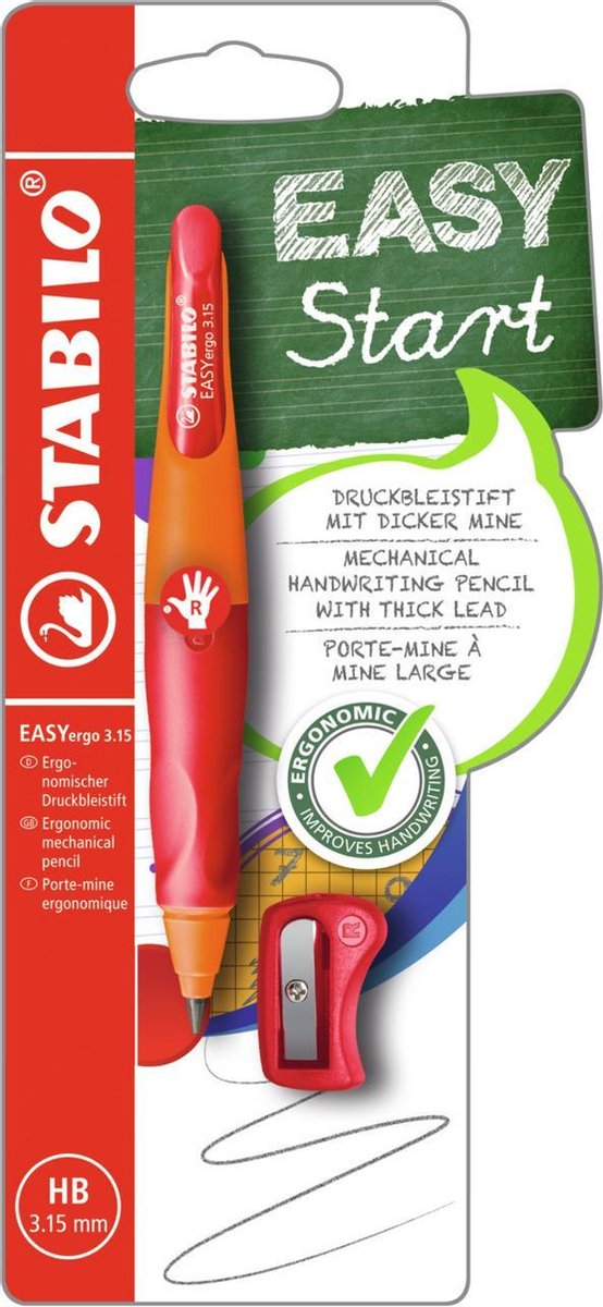 Stabilo easyergo 3.15 - ergonomisch vulpotlood - rechtshandig - navulbaar - oranje rood - extra dikke potloodvulling 3,15 mm