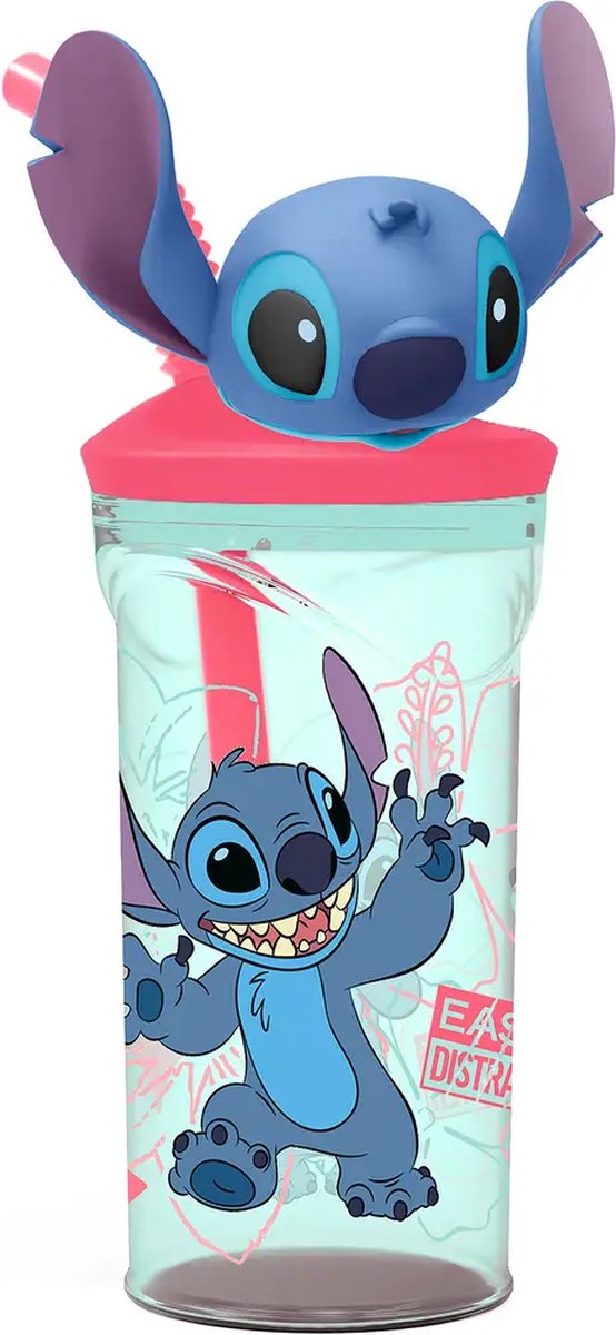 Bicchiere con cannuccia Stor Disney's Stitch – 360 ml – riutilizzabile – con personaggio 3D – senza BPA – bicchiere per bambini dai 4 anni – verde trasparente