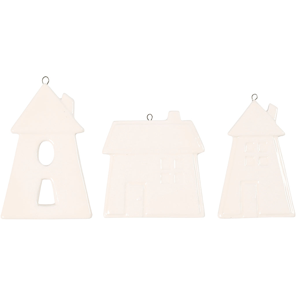 Creativ company decorazioni da appendere, case, h: 7,6-9,7 cm, bianco, 3 pezzi 1 scatola